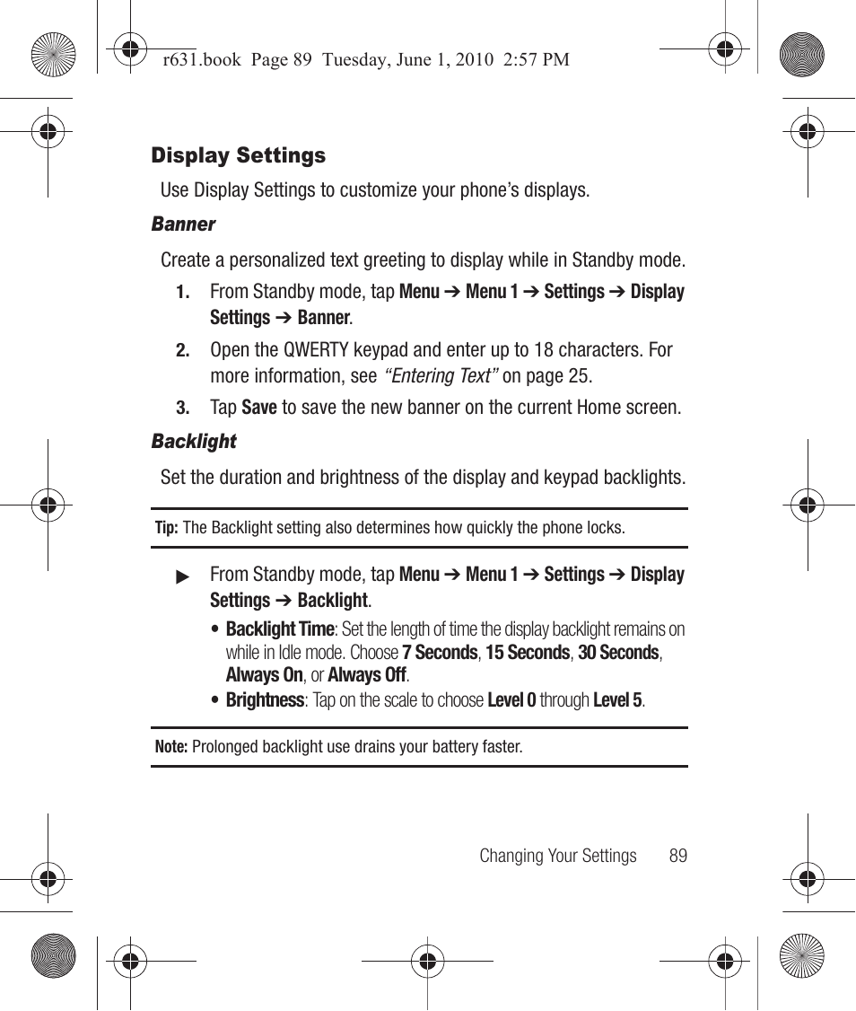 Display settings, Banner, Backlight | Samsung SCH-R631LBAXAR User Manual | Page 93 / 165