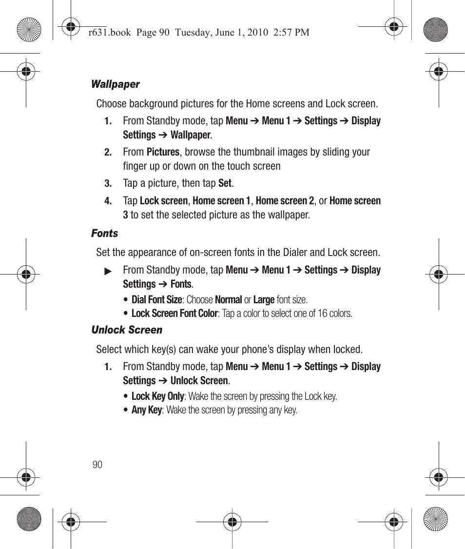 Wallpaper, Fonts, Unlock screen | Samsung SCH-R631LBAXAR User Manual | Page 94 / 165