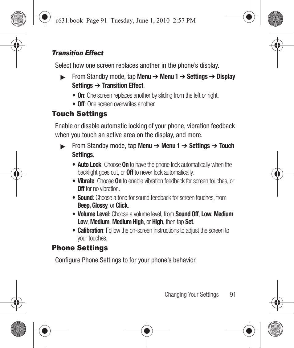 Transition effect, Touch settings, Phone settings | Touch settings phone settings | Samsung SCH-R631LBAXAR User Manual | Page 95 / 165