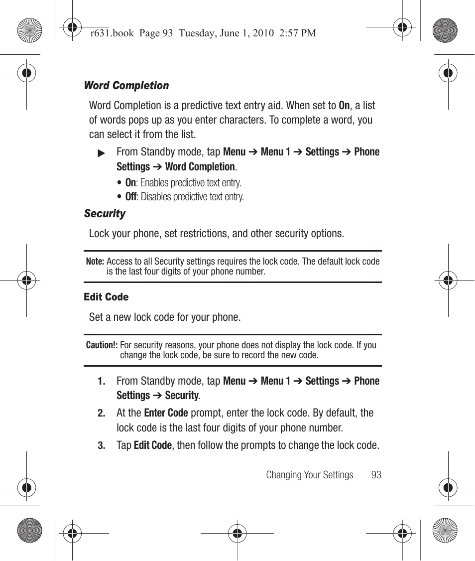 Word completion, Security, Edit code | Samsung SCH-R631LBAXAR User Manual | Page 97 / 165