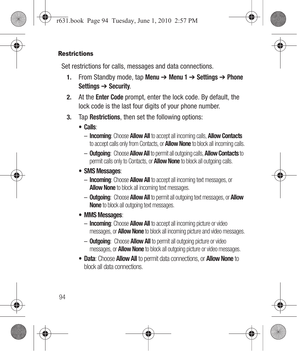Restrictions | Samsung SCH-R631LBAXAR User Manual | Page 98 / 165