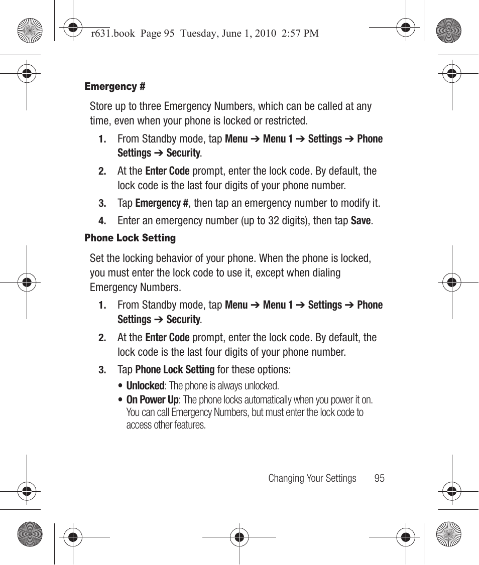 Emergency, Phone lock setting | Samsung SCH-R631LBAXAR User Manual | Page 99 / 165