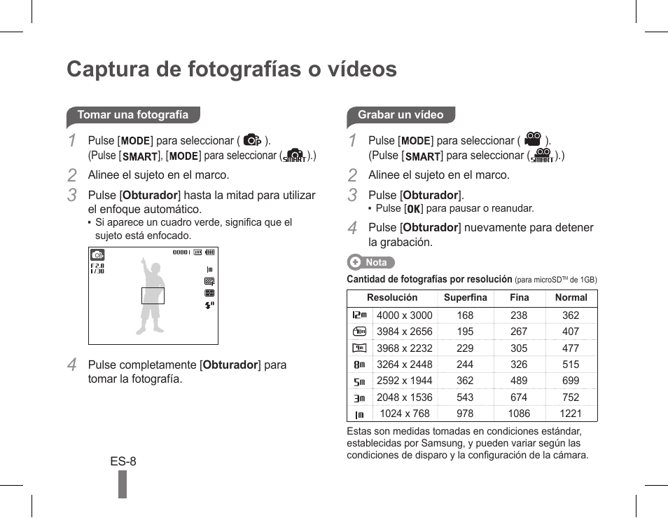 Captura de fotografías o vídeos | Samsung EC-PL90ZZBPRUS User Manual | Page 18 / 22