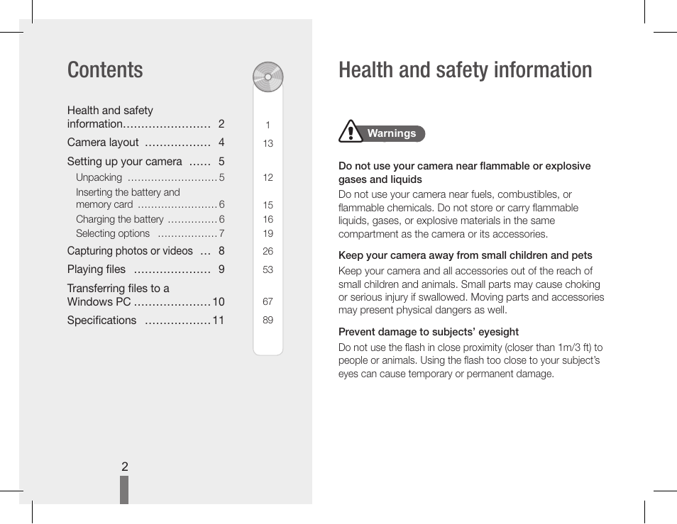 Health and safety information contents | Samsung EC-PL90ZZBPRUS User Manual | Page 2 / 22