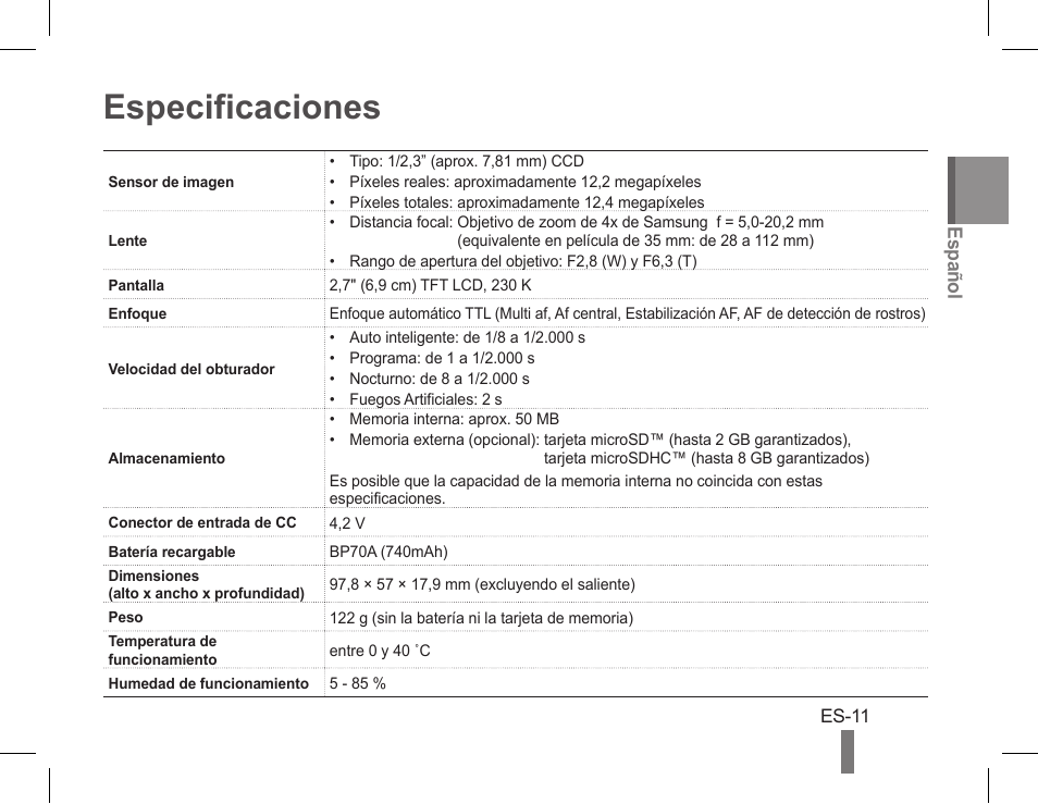 Especificaciones | Samsung EC-PL90ZZBPRUS User Manual | Page 21 / 22