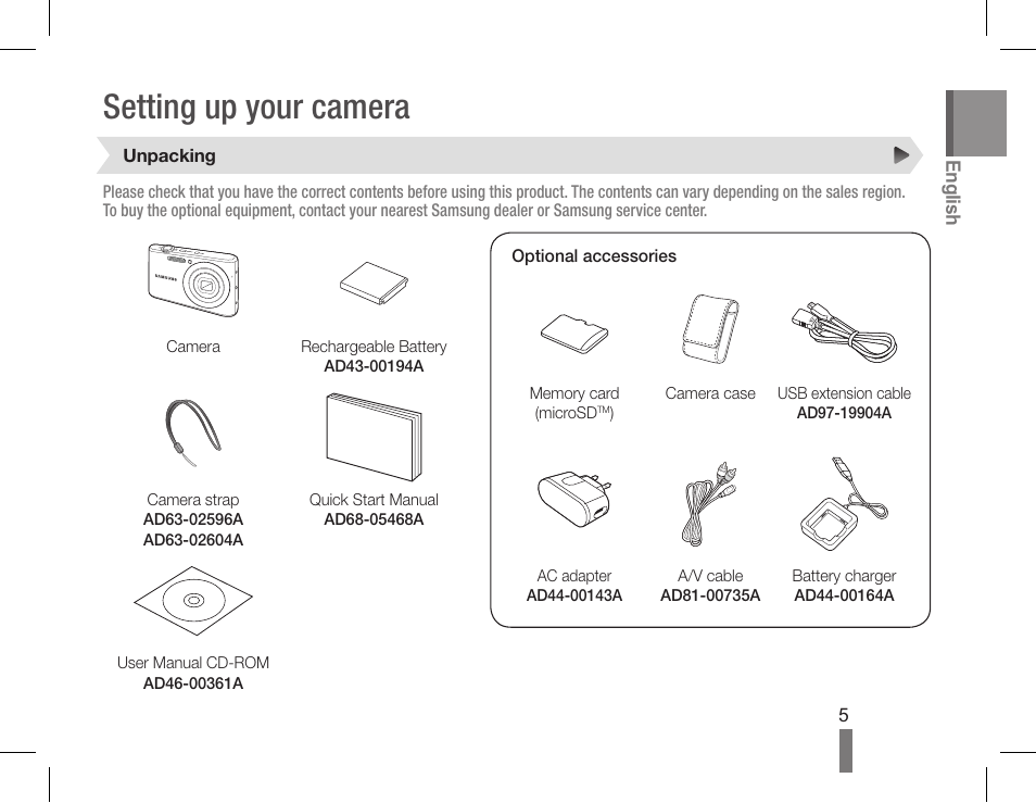 Setting up your camera | Samsung EC-PL90ZZBPRUS User Manual | Page 5 / 22