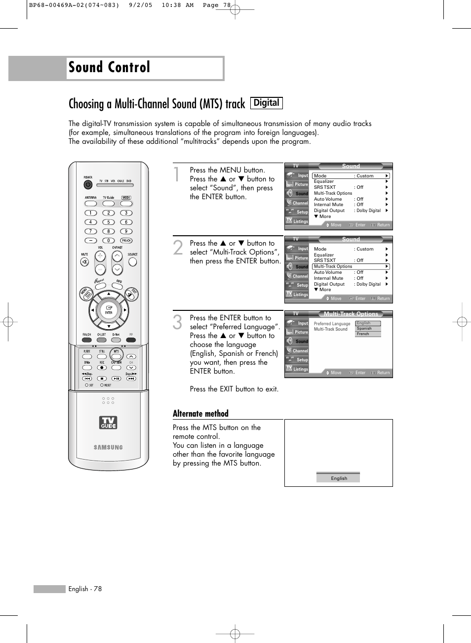 Sound control, Choosing a multi-channel sound (mts) track, Digital | Alternate method | Samsung HLR6167WAX-XAA User Manual | Page 78 / 136