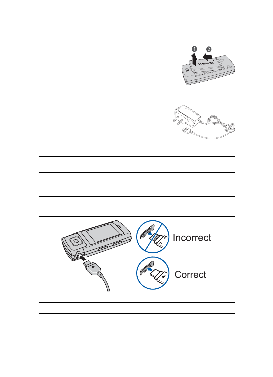 Charging the battery, Use the travel adapter, Incorrect | Correct | Samsung SPH-A303ZDASKE User Manual | Page 10 / 174