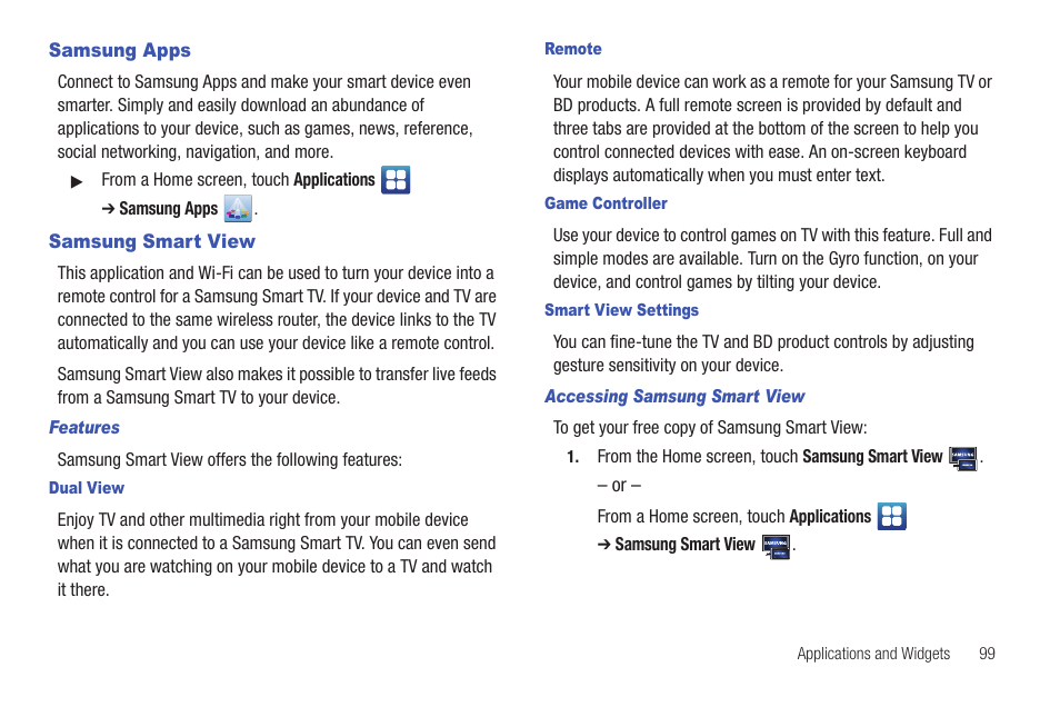 Samsung apps, Samsung smart view | Samsung YP-G70CW-XAX User Manual | Page 103 / 174