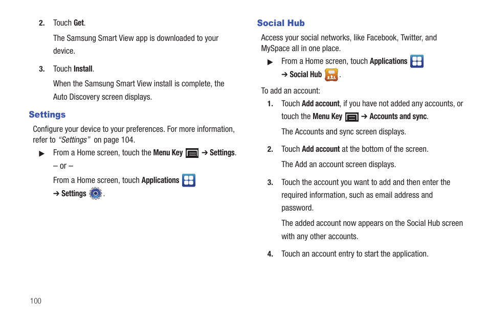 Settings, Social hub, Settings social hub | Samsung YP-G70CW-XAX User Manual | Page 104 / 174