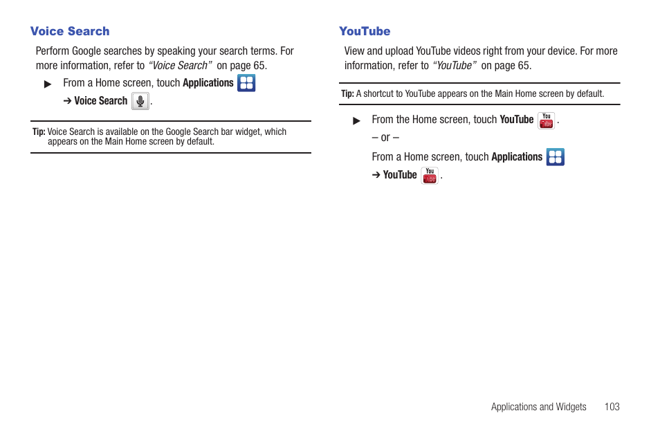 Voice search, Youtube, Voice search youtube | Samsung YP-G70CW-XAX User Manual | Page 107 / 174