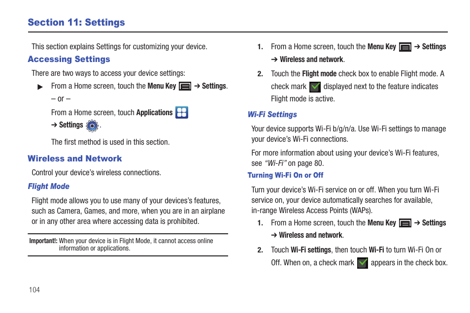 Section 11: settings, Accessing settings, Wireless and network | Accessing settings wireless and network | Samsung YP-G70CW-XAX User Manual | Page 108 / 174