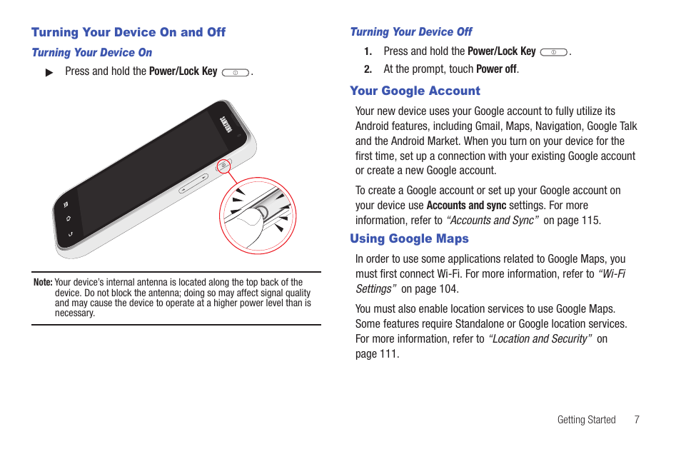 Turning your device on and off, Your google account, Using google maps | Samsung YP-G70CW-XAX User Manual | Page 11 / 174