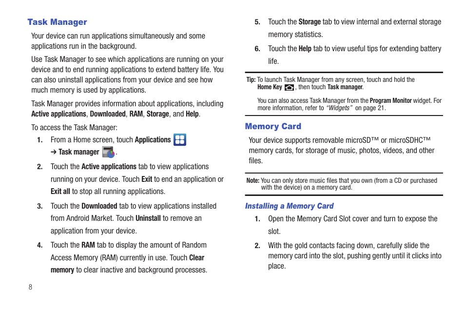 Task manager, Memory card, Task manager memory card | Samsung YP-G70CW-XAX User Manual | Page 12 / 174