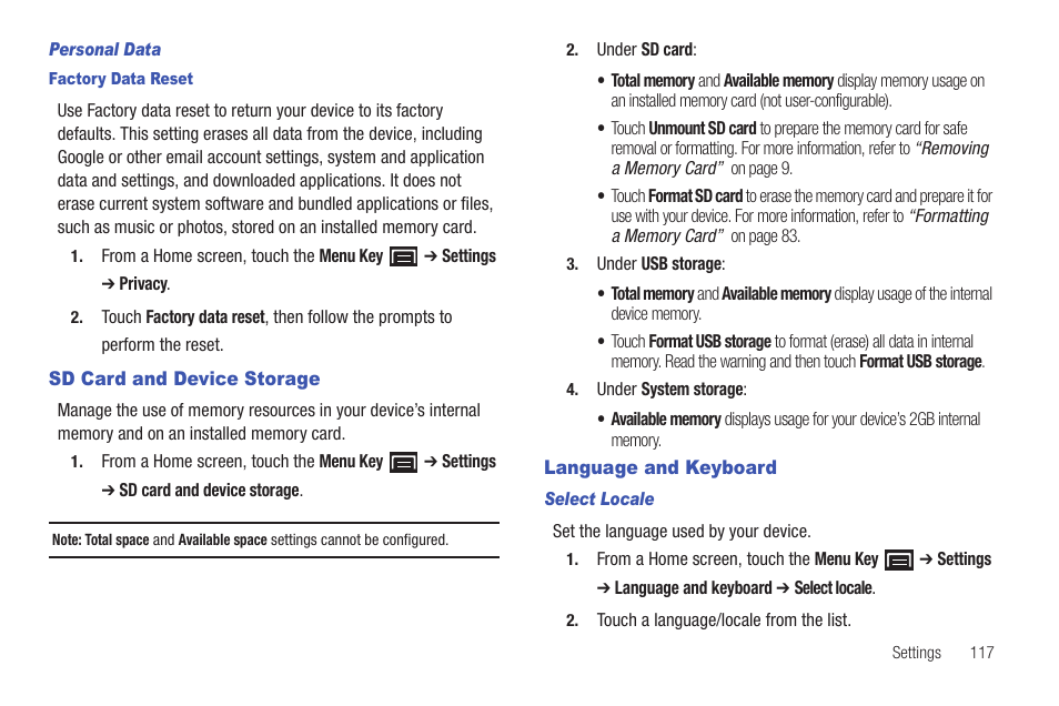 Sd card and device storage, Language and keyboard, Sd card and device storage language and keyboard | Samsung YP-G70CW-XAX User Manual | Page 121 / 174
