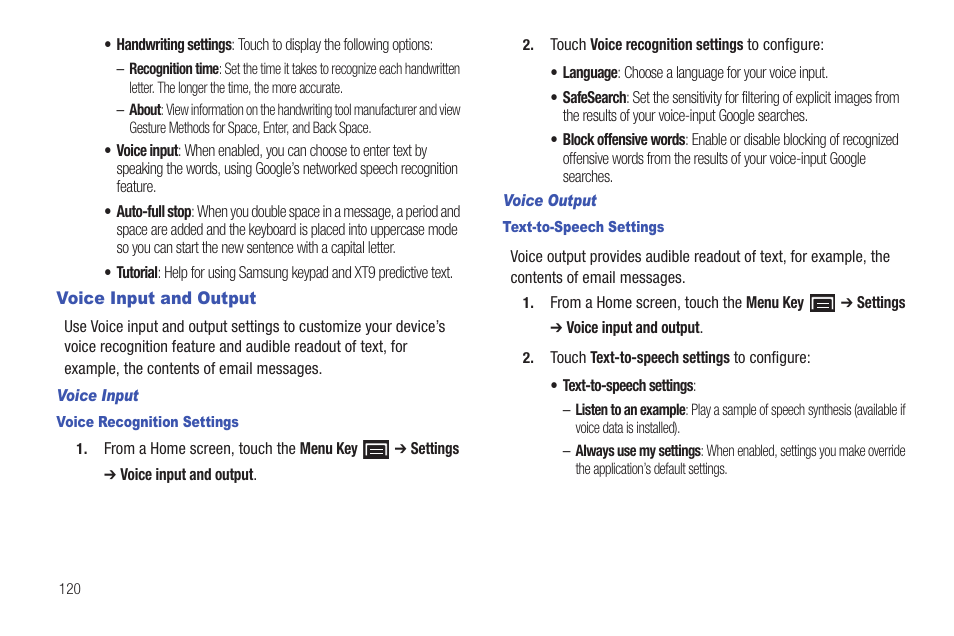 Voice input and output | Samsung YP-G70CW-XAX User Manual | Page 124 / 174