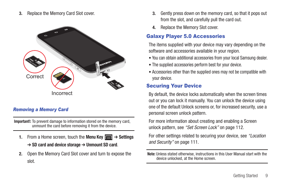 Galaxy player 5.0 accessories, Securing your device, Galaxy player 5.0 accessories securing your device | Samsung YP-G70CW-XAX User Manual | Page 13 / 174