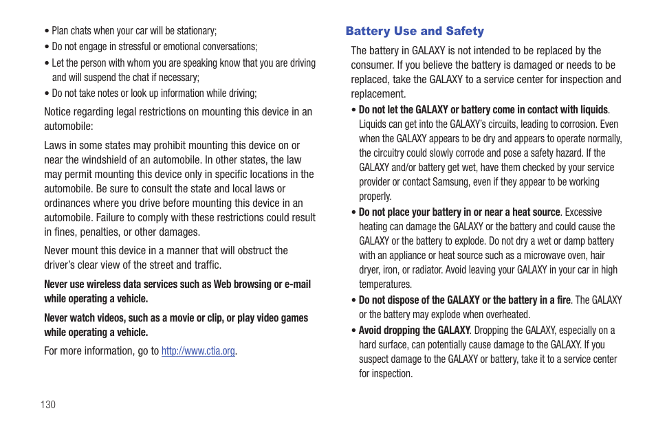 Battery use and safety | Samsung YP-G70CW-XAX User Manual | Page 134 / 174