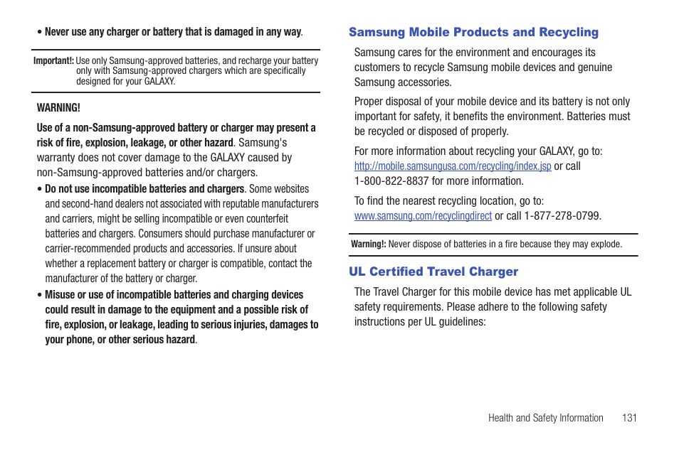 Samsung mobile products and recycling, Ul certified travel charger | Samsung YP-G70CW-XAX User Manual | Page 135 / 174