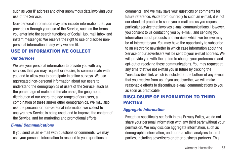 Use of information we collect, Disclosure of information to third parties | Samsung YP-G70CW-XAX User Manual | Page 161 / 174