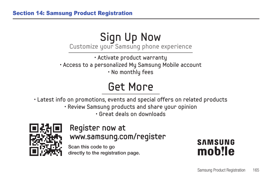 Section 14: samsung product registration, Get more, Sign up now | Samsung YP-G70CW-XAX User Manual | Page 169 / 174