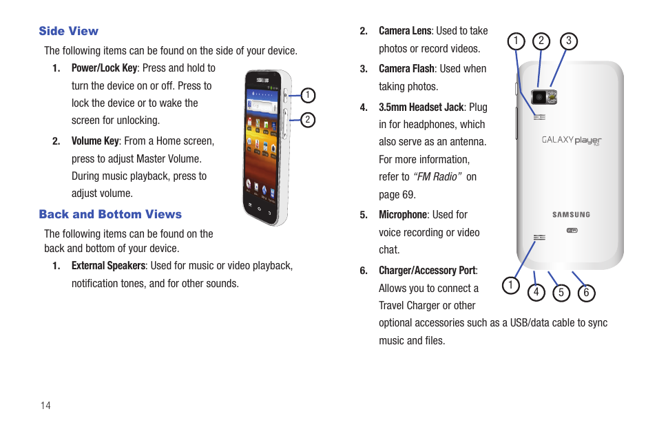 Side view, Back and bottom views, Side view back and bottom views | Samsung YP-G70CW-XAX User Manual | Page 18 / 174