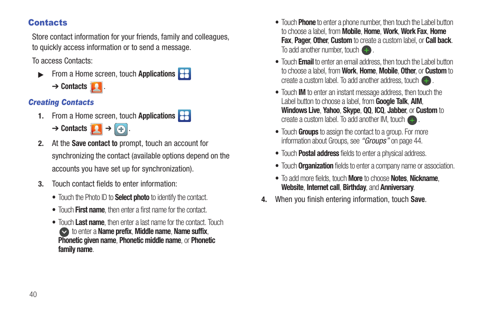 Contacts | Samsung YP-G70CW-XAX User Manual | Page 44 / 174