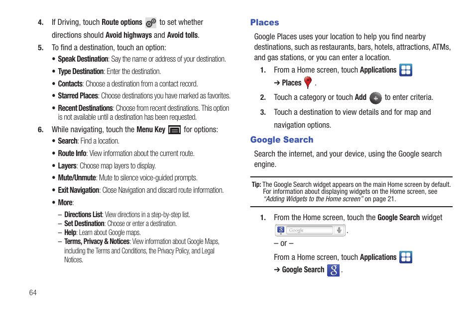 Places, Google search, Places google search | Samsung YP-G70CW-XAX User Manual | Page 68 / 174