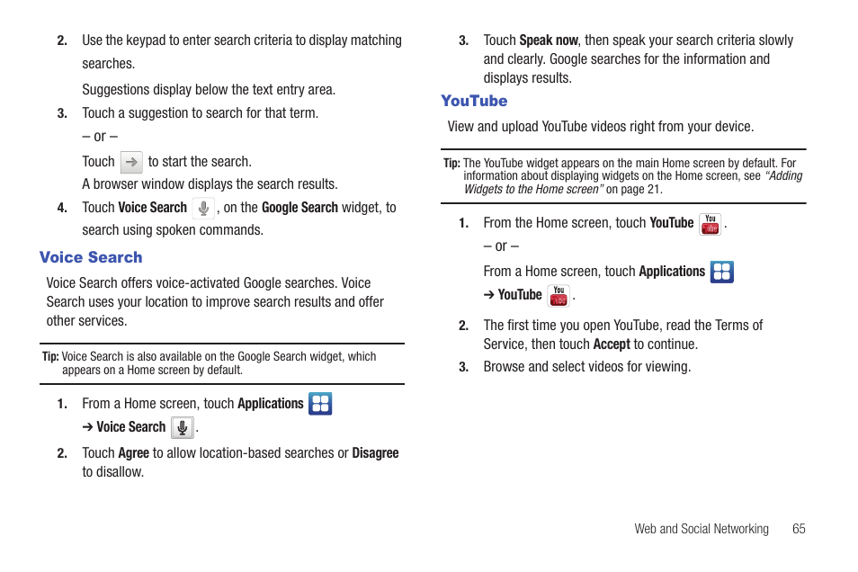 Voice search, Youtube, Voice search youtube | Samsung YP-G70CW-XAX User Manual | Page 69 / 174