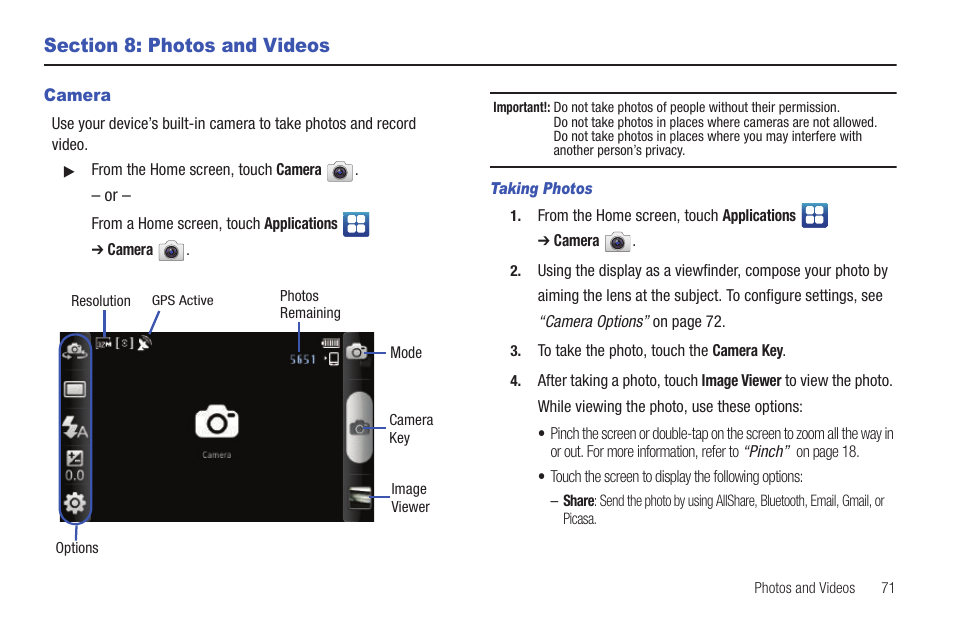 Section 8: photos and videos, Camera | Samsung YP-G70CW-XAX User Manual | Page 75 / 174