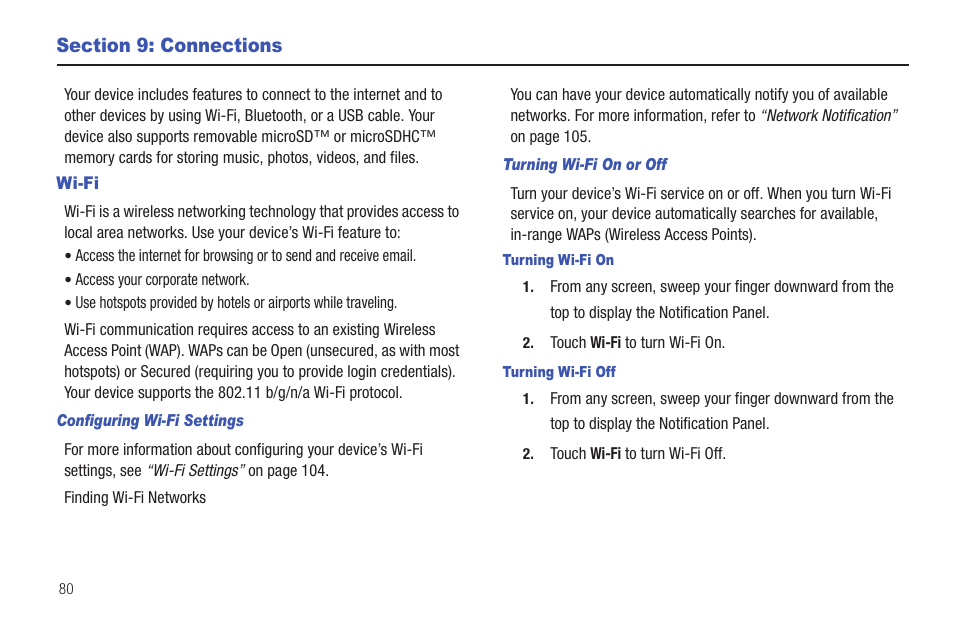 Section 9: connections, Wi-fi, I. for more information, refer to | Samsung YP-G70CW-XAX User Manual | Page 84 / 174