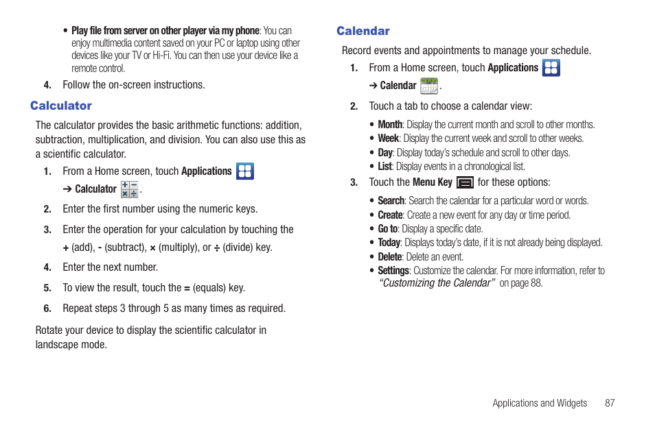Calculator, Calendar, Calculator calendar | Samsung YP-G70CW-XAX User Manual | Page 91 / 174