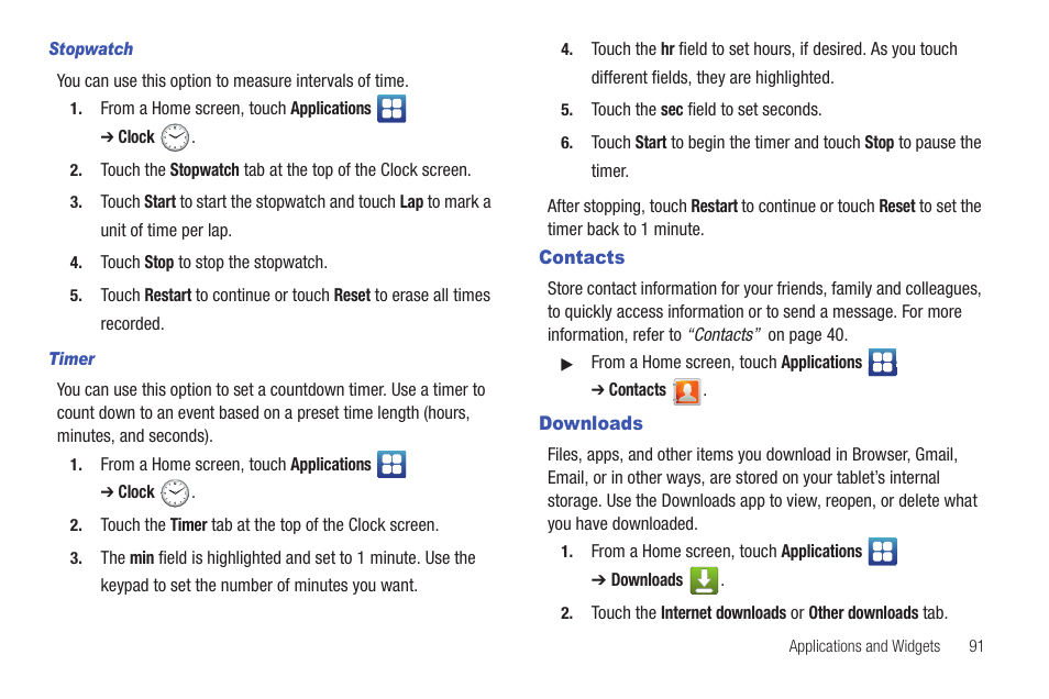 Contacts, Downloads, Contacts downloads | Samsung YP-G70CW-XAX User Manual | Page 95 / 174