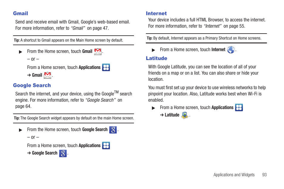 Gmail, Google search, Internet | Latitude, Gmail google search internet latitude | Samsung YP-G70CW-XAX User Manual | Page 97 / 174