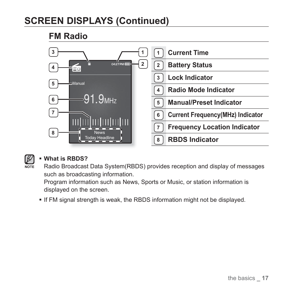 Screen displays (continued), Fm radio, Current time | Battery status, Lock indicator, Radio mode indicator, Manual/preset indicator, Current frequency(mhz) indicator, Frequency location indicator, Rbds indicator | Samsung YP-Q1JCS-XAA User Manual | Page 17 / 100