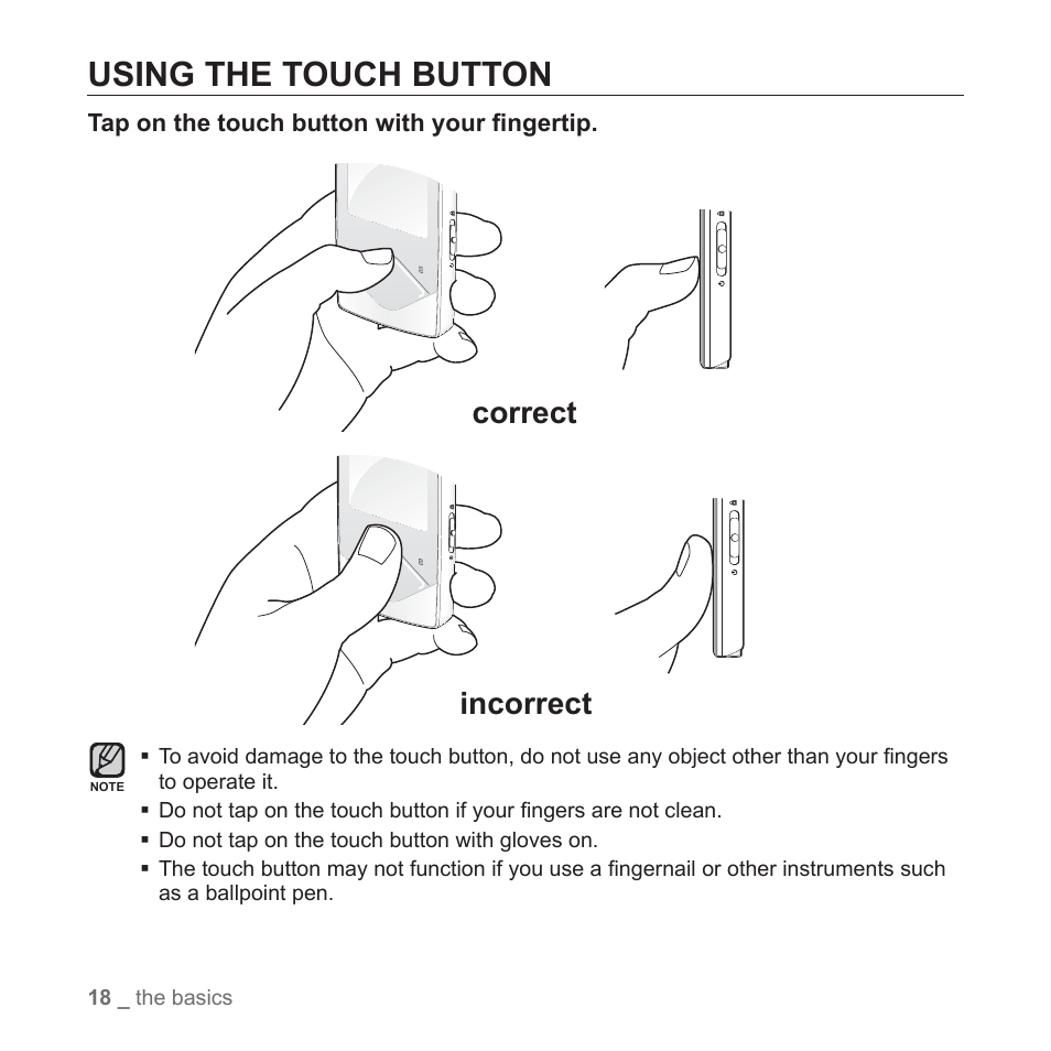 Using the touch button, Correct incorrect | Samsung YP-Q1JCS-XAA User Manual | Page 18 / 100