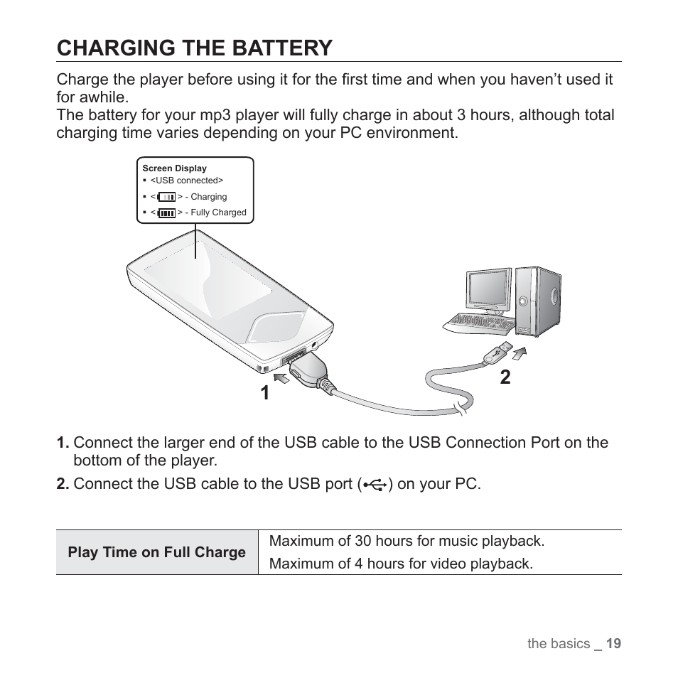 Charging the battery | Samsung YP-Q1JCS-XAA User Manual | Page 19 / 100