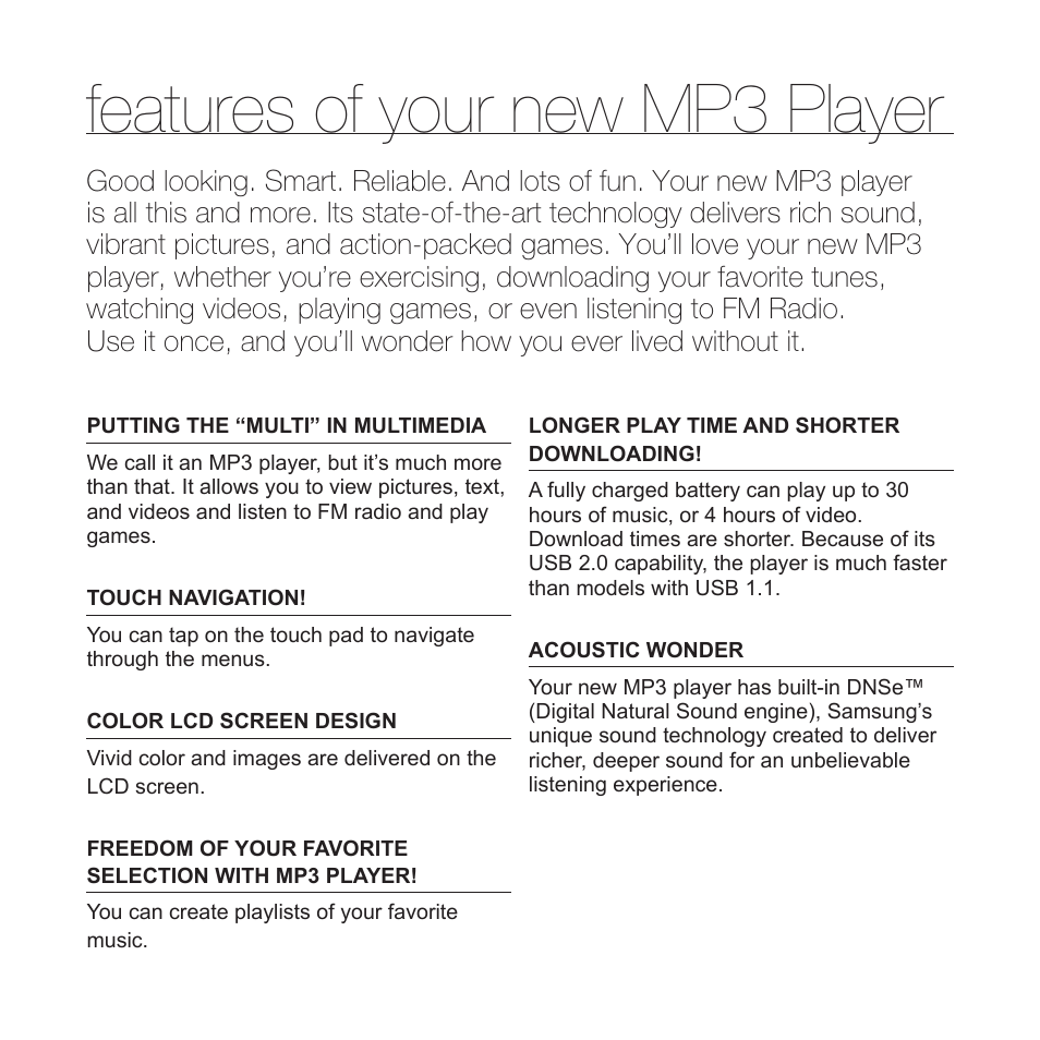 Features of your new mp3 player | Samsung YP-Q1JCS-XAA User Manual | Page 2 / 100