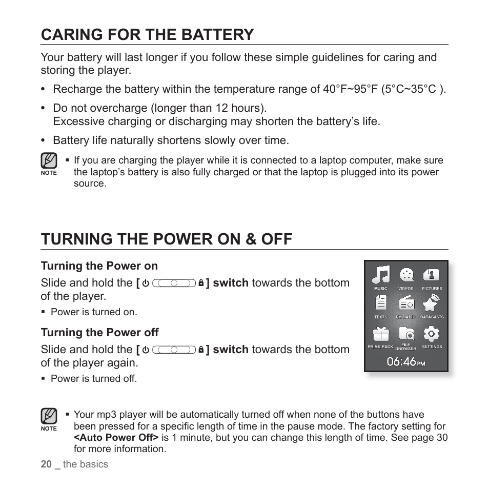 Caring for the battery, Turning the power on & off | Samsung YP-Q1JCS-XAA User Manual | Page 20 / 100