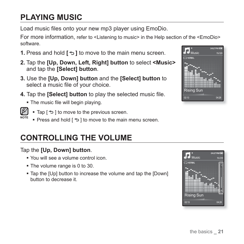 Playing music, Controlling the volume | Samsung YP-Q1JCS-XAA User Manual | Page 21 / 100