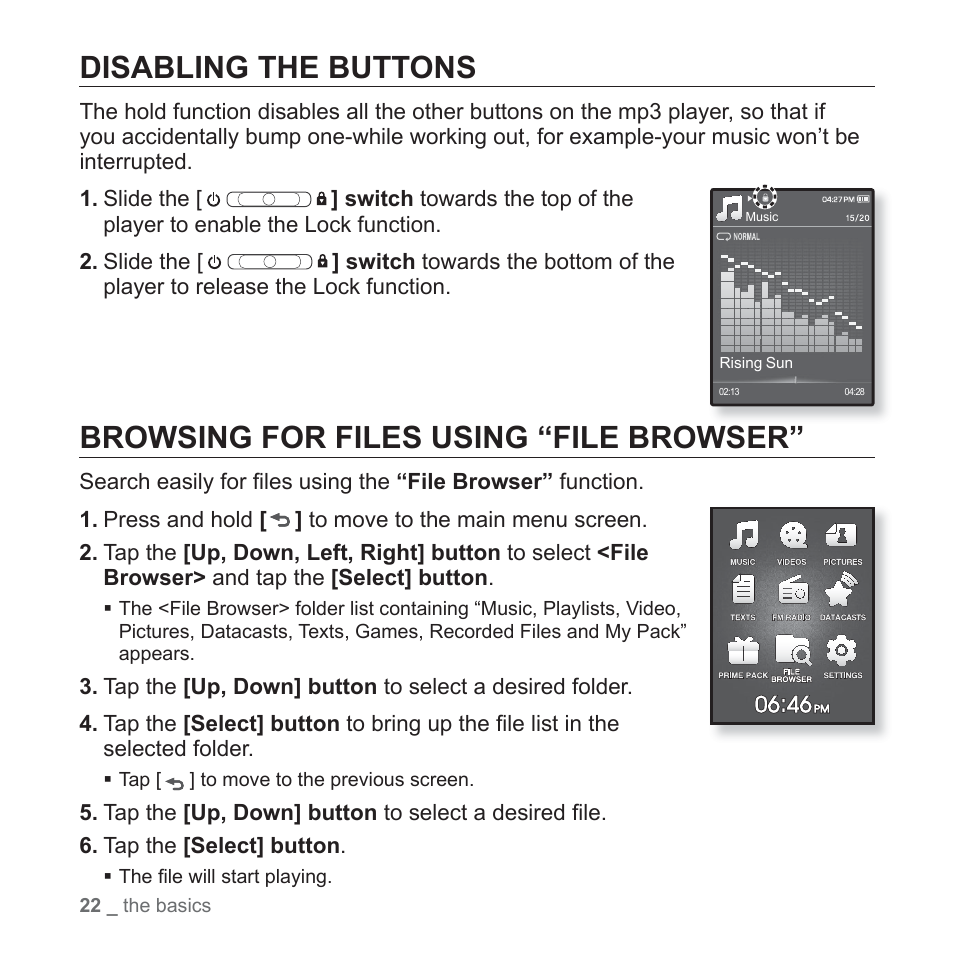 Disabling the buttons, Browsing for files using “file browser | Samsung YP-Q1JCS-XAA User Manual | Page 22 / 100