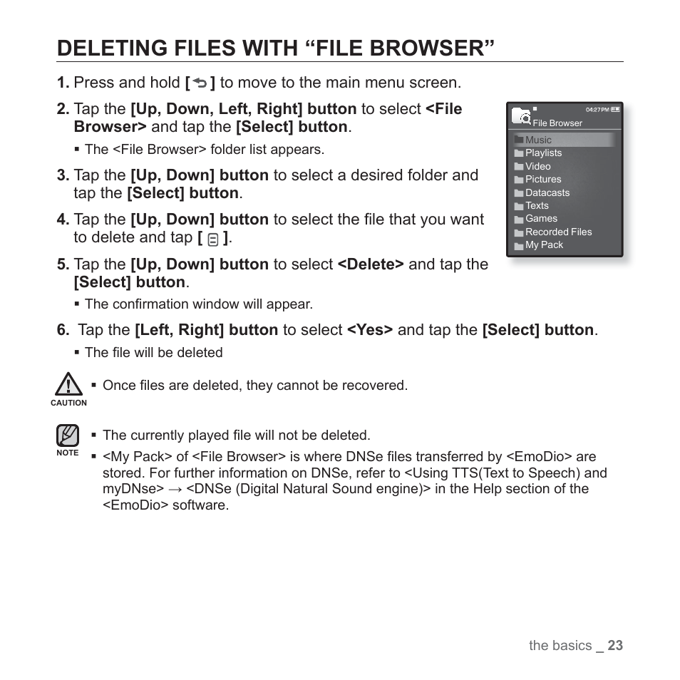 Deleting files with “file browser | Samsung YP-Q1JCS-XAA User Manual | Page 23 / 100