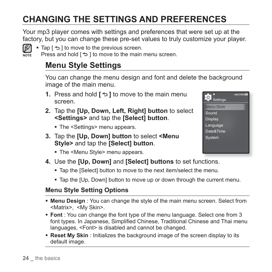 Changing the settings and preferences, Menu style settings | Samsung YP-Q1JCS-XAA User Manual | Page 24 / 100