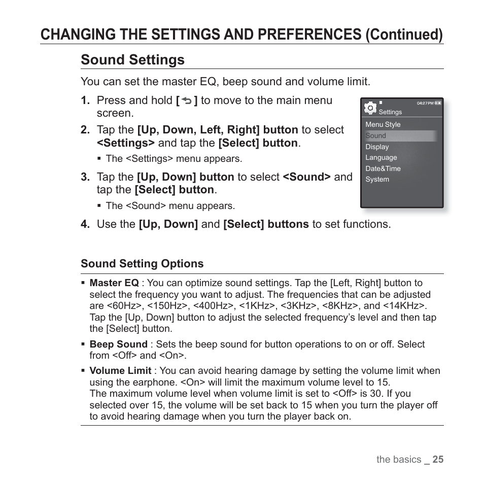 Changing the settings and preferences (continued), Sound settings | Samsung YP-Q1JCS-XAA User Manual | Page 25 / 100