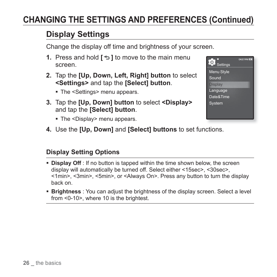 Changing the settings and preferences (continued), Display settings | Samsung YP-Q1JCS-XAA User Manual | Page 26 / 100
