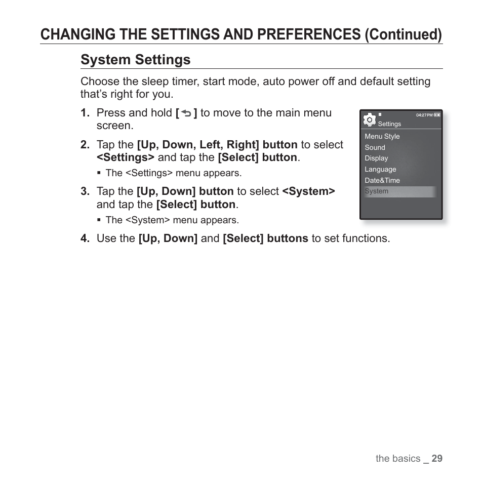 Changing the settings and preferences (continued), System settings | Samsung YP-Q1JCS-XAA User Manual | Page 29 / 100