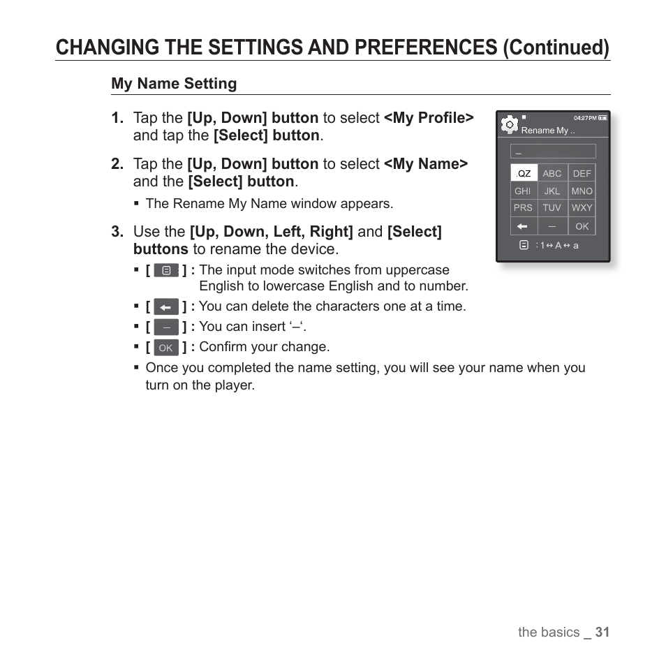 Changing the settings and preferences (continued) | Samsung YP-Q1JCS-XAA User Manual | Page 31 / 100
