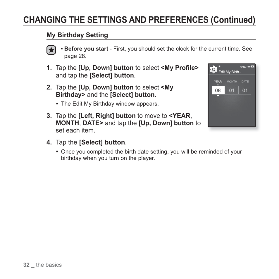 Changing the settings and preferences (continued) | Samsung YP-Q1JCS-XAA User Manual | Page 32 / 100