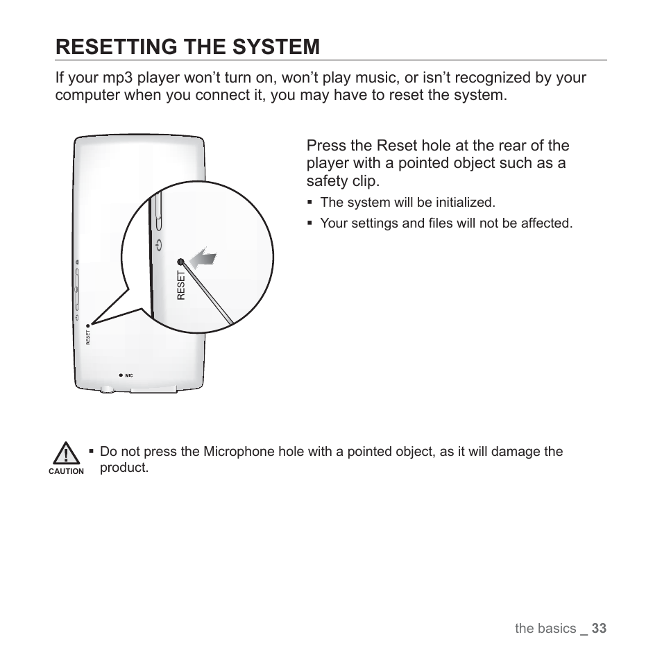 Resetting the system | Samsung YP-Q1JCS-XAA User Manual | Page 33 / 100