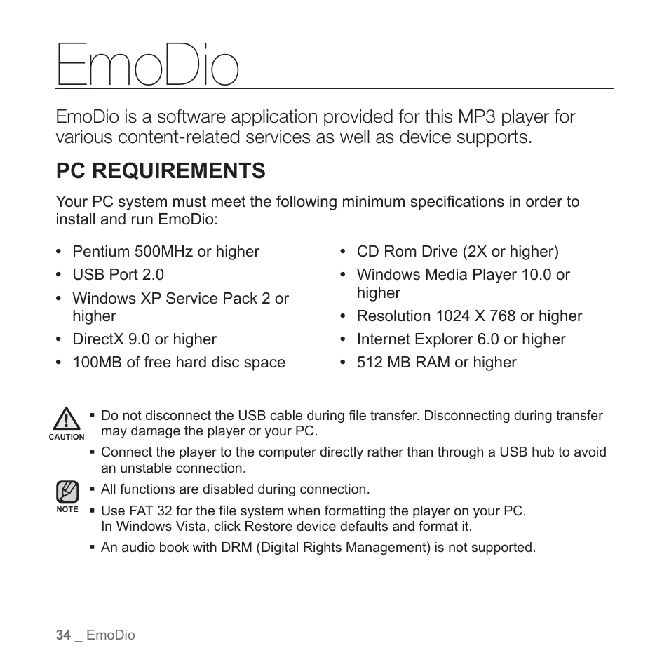 Emodio, Pc requirements | Samsung YP-Q1JCS-XAA User Manual | Page 34 / 100